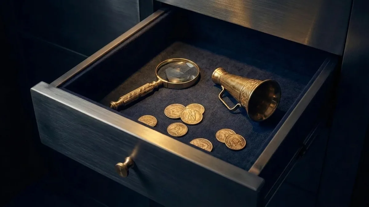 An open vault drawer holding a brass magnifying glass, a small brass megaphone and a few brass coins.