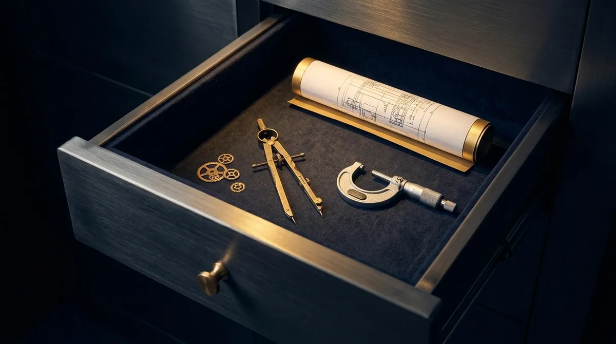 An open vault drawer holding a brass drafting compass, a rolled blueprint, a micrometer and loose gears.