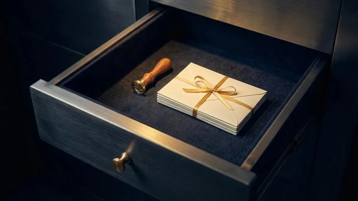 An open vault drawer holding a stack of ivory envelopes tied with gold ribbon and a brass wax seal.