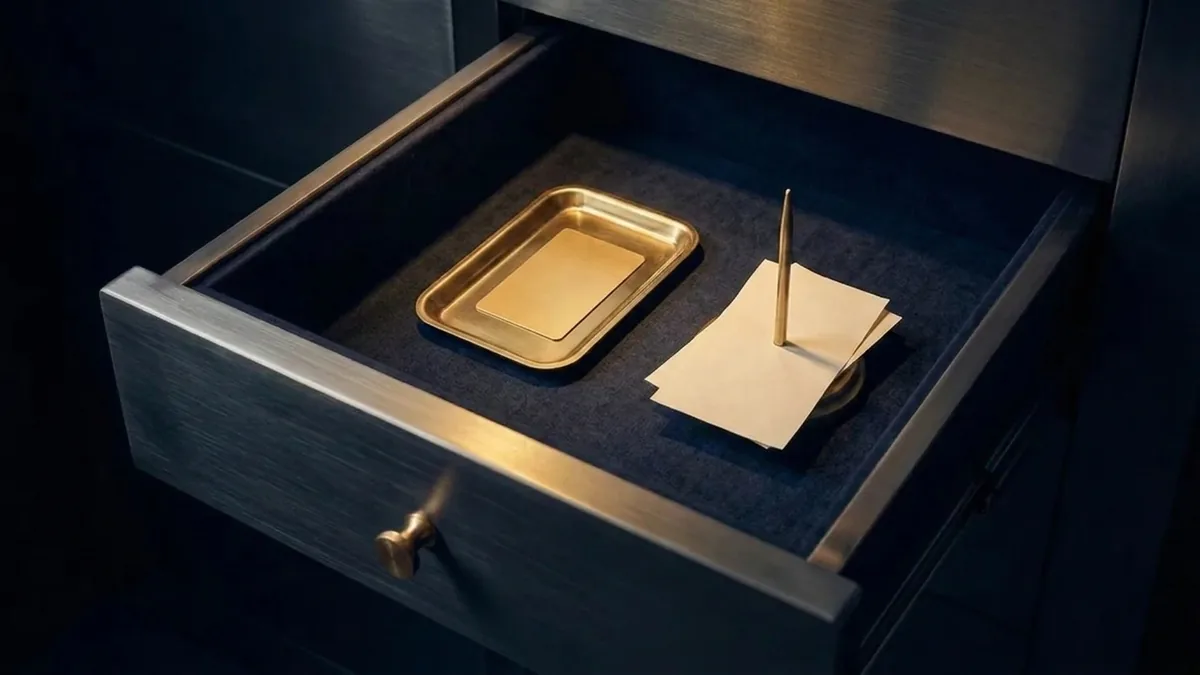 An open vault drawer holding a brass coin tray with a single gold card and a brass receipt spike.