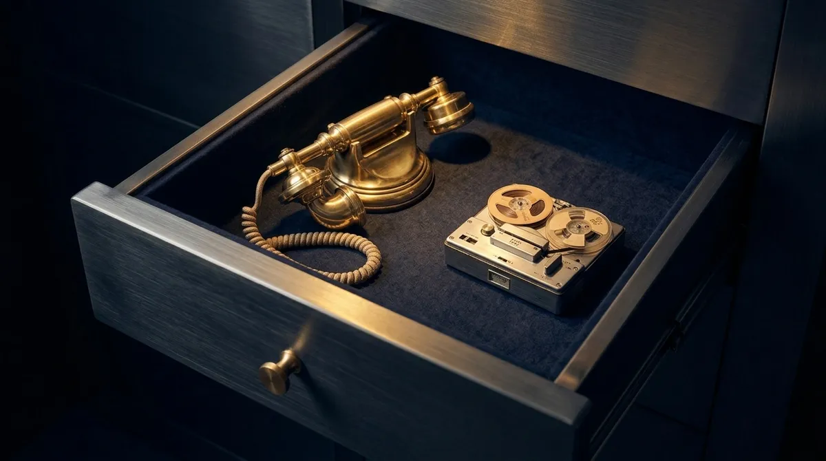 An open vault drawer holding a polished brass telephone handset and a small reel-to-reel recorder.