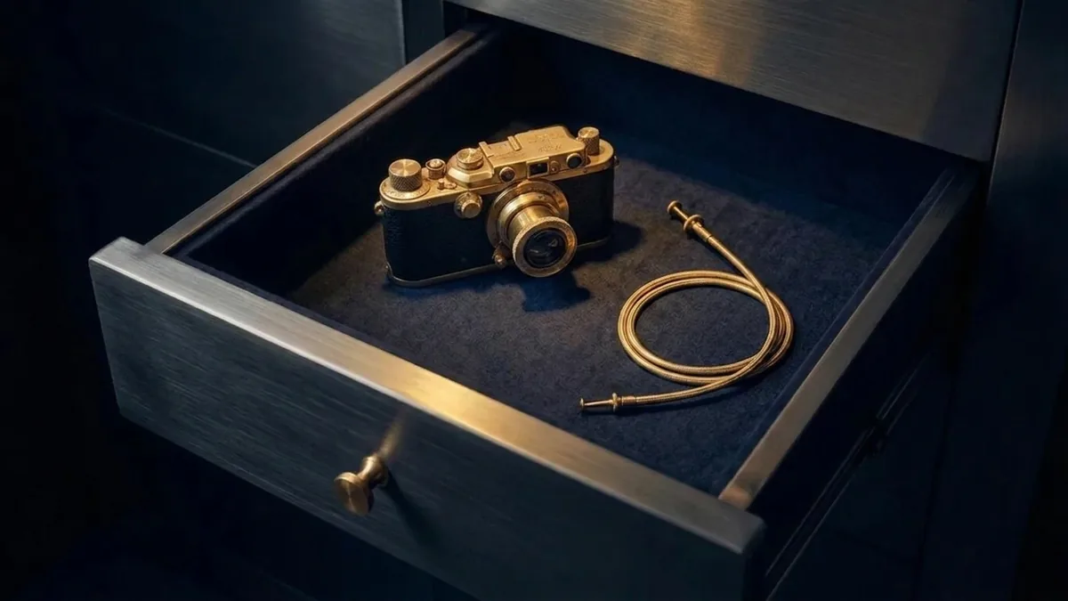 An open vault drawer holding a vintage brass-and-black rangefinder camera and a coiled cable release.