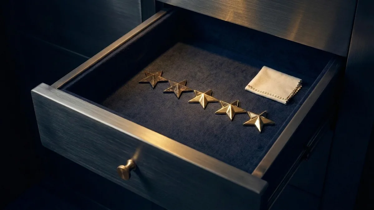 An open vault drawer holding five brass stars, two tarnished and three polished bright, beside a polishing cloth.