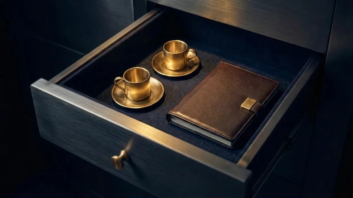 An open vault drawer holding two brass espresso cups on saucers and a closed leather ledger with a brass clasp.
