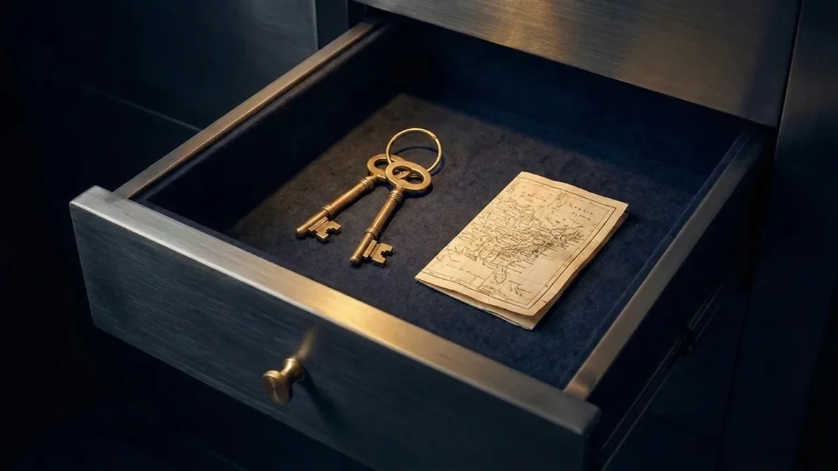 An open vault drawer holding two identical antique brass keys on a ring beside a folded paper map.