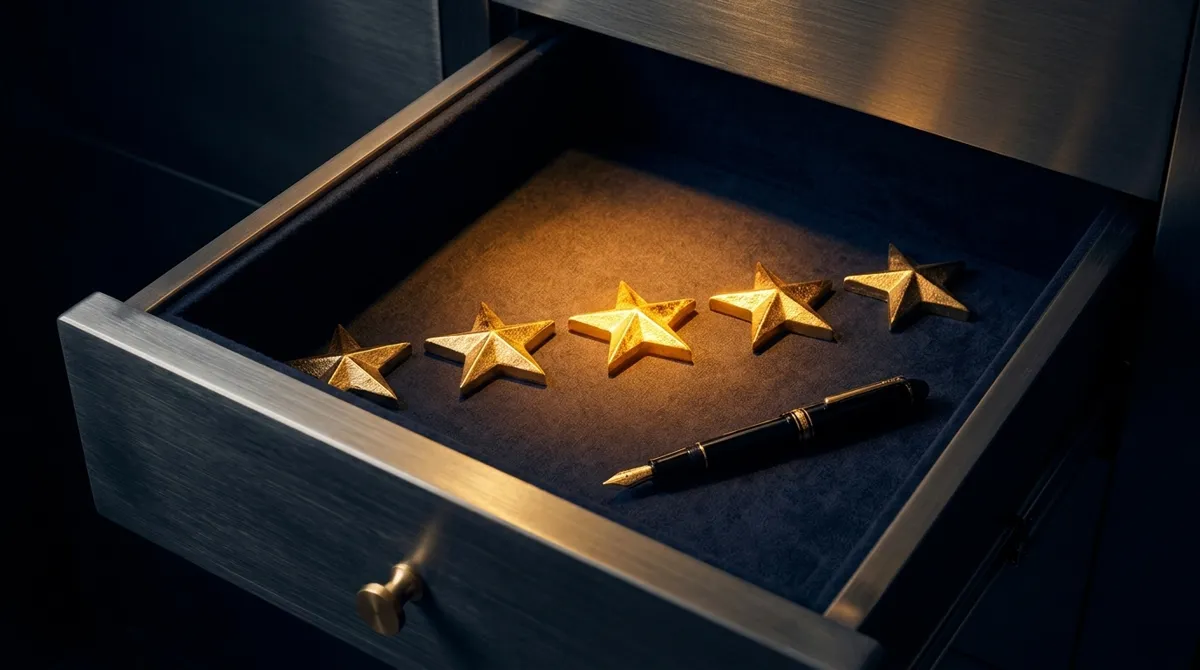 An open vault drawer holding five cast-gold stars in a row beside a fountain pen.