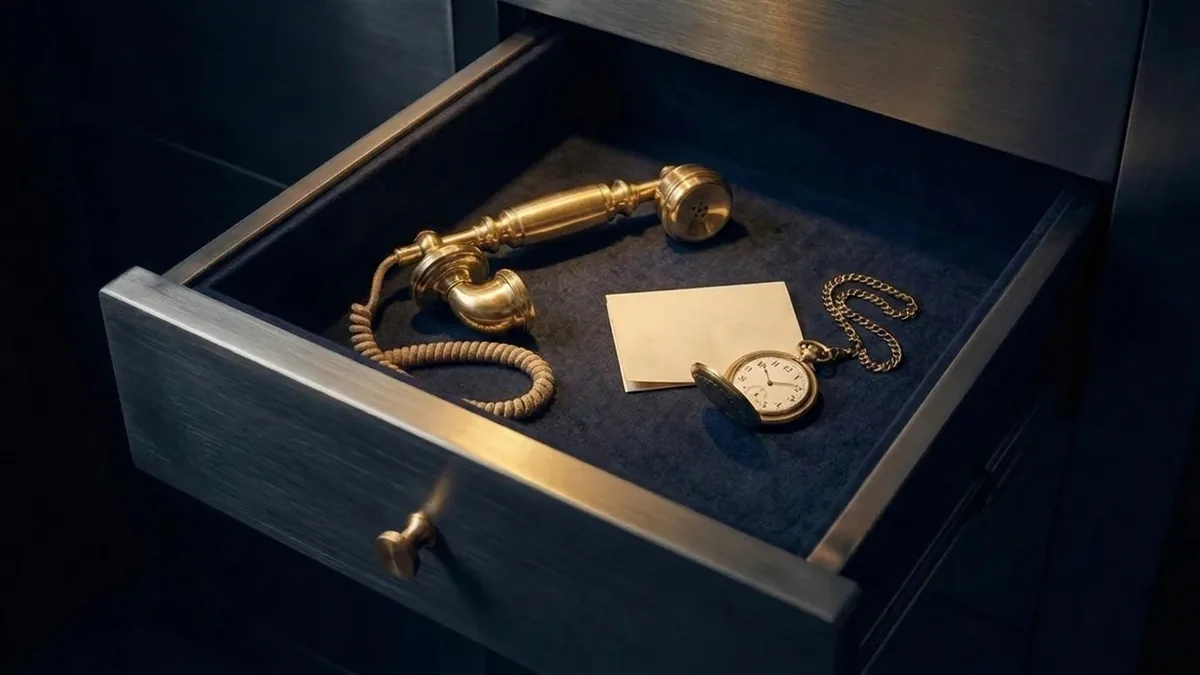 An open vault drawer holding a brass telephone handset off its cradle, a folded note and a pocket watch.