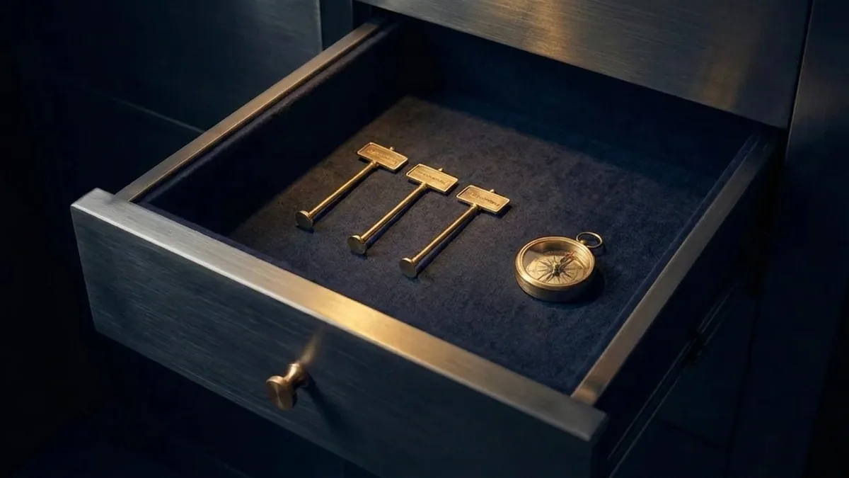 An open vault drawer holding three small brass signposts in a row and a brass compass.
