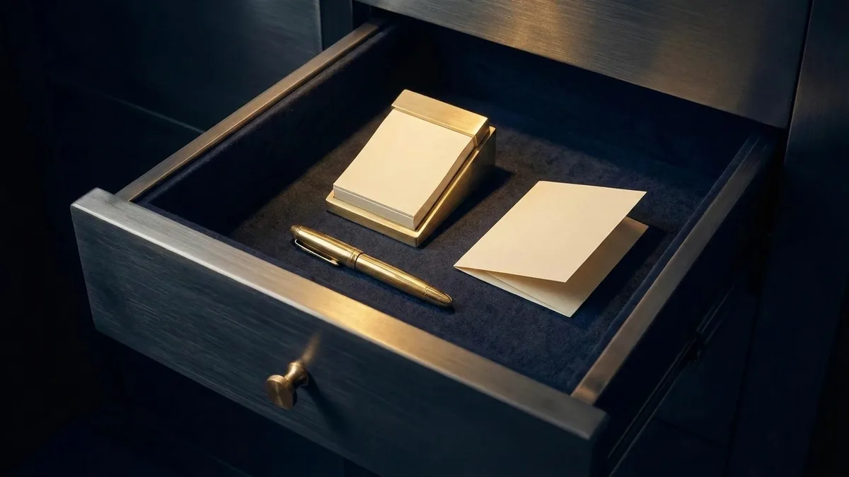 An open vault drawer holding a brass fountain pen, a page-flip desk calendar and a folded ivory card.