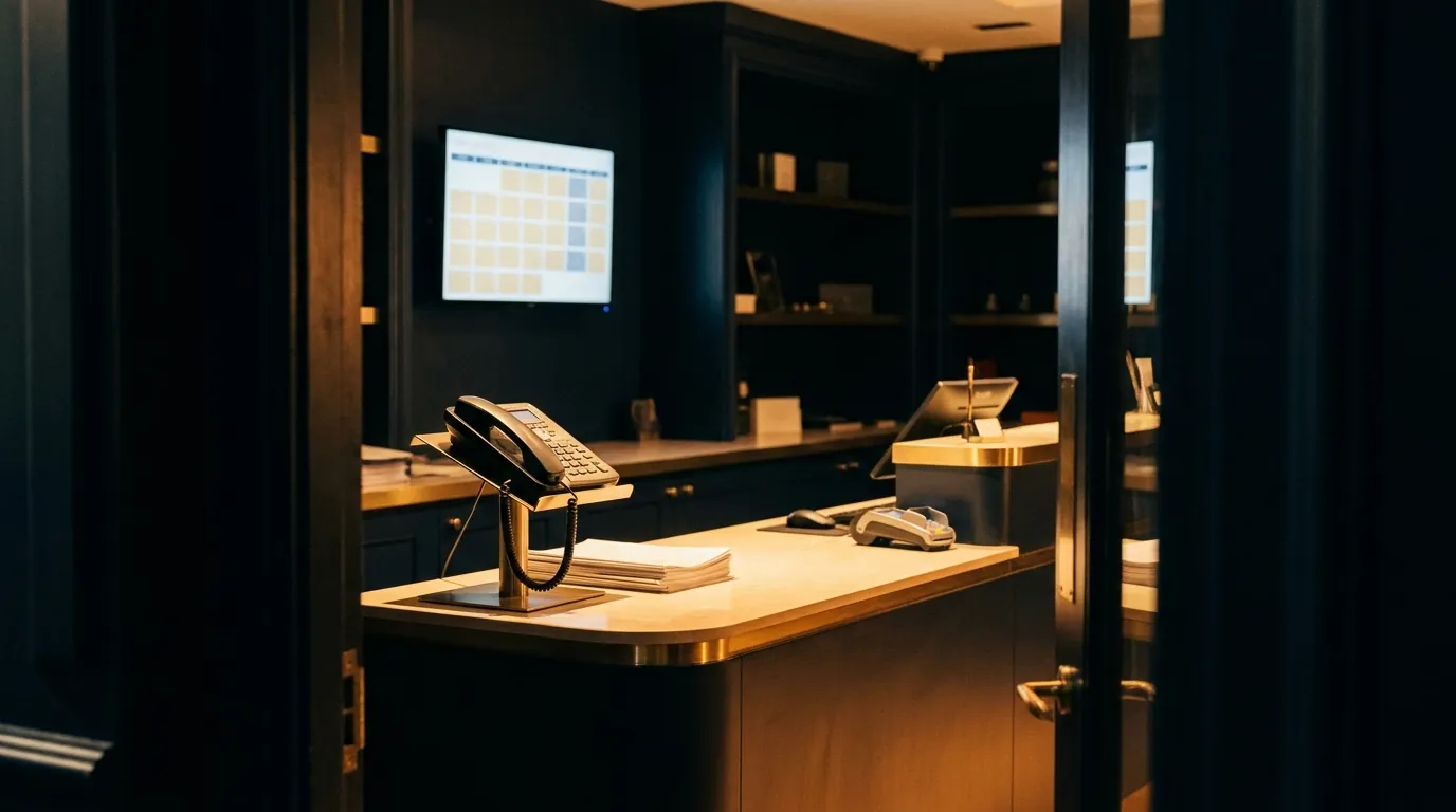 Inside a small business at night: a counter, a screen showing a full appointment calendar, a phone, and a stack of paid invoices.