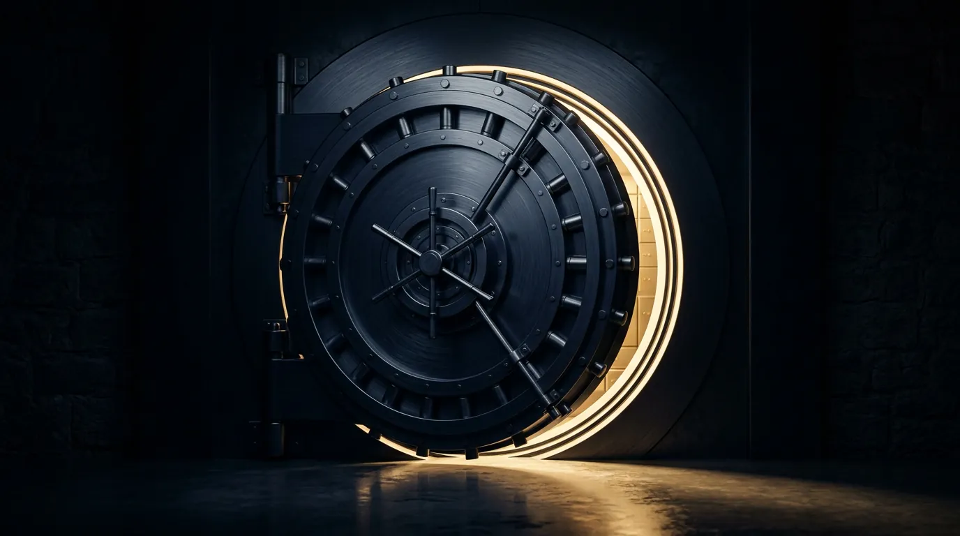 A bank vault door standing ajar with gold light spilling out across the floor.