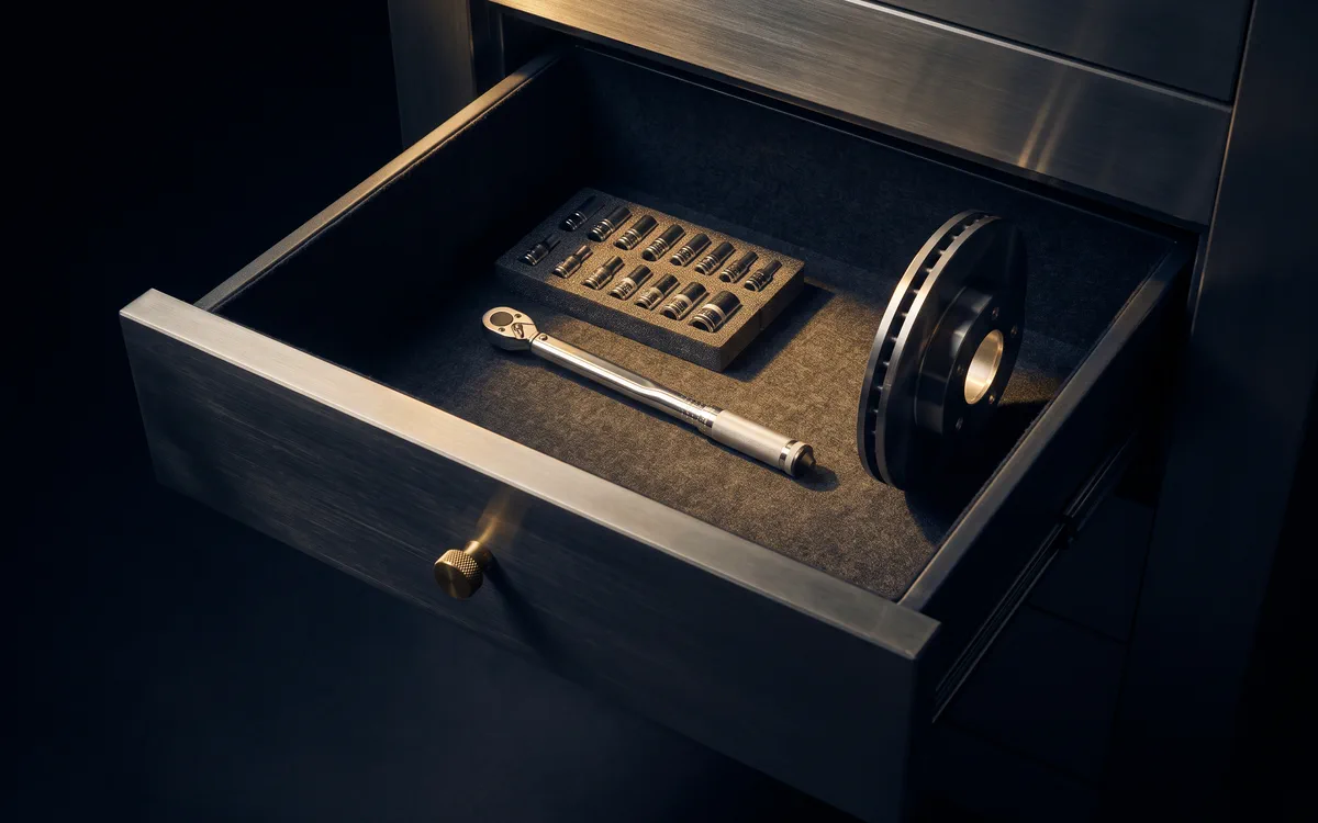 An open vault drawer holding a torque wrench, a socket set laid in foam and a brake rotor.