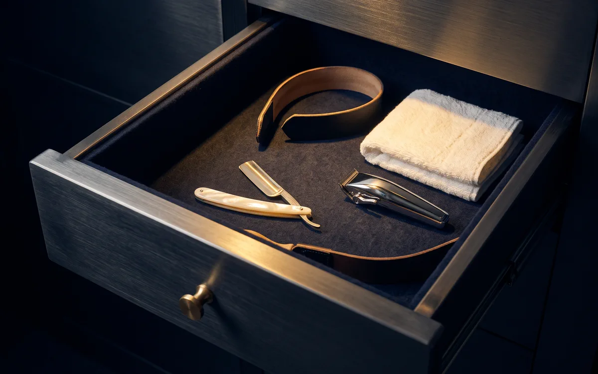An open vault drawer holding a straight razor, clippers, a leather strop and a folded hot towel.
