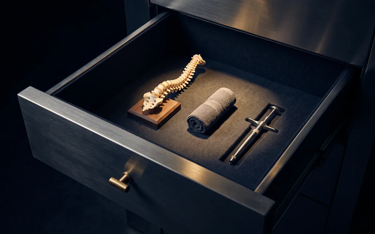 An open vault drawer holding an anatomical spine model, a rolled towel and an adjusting tool.