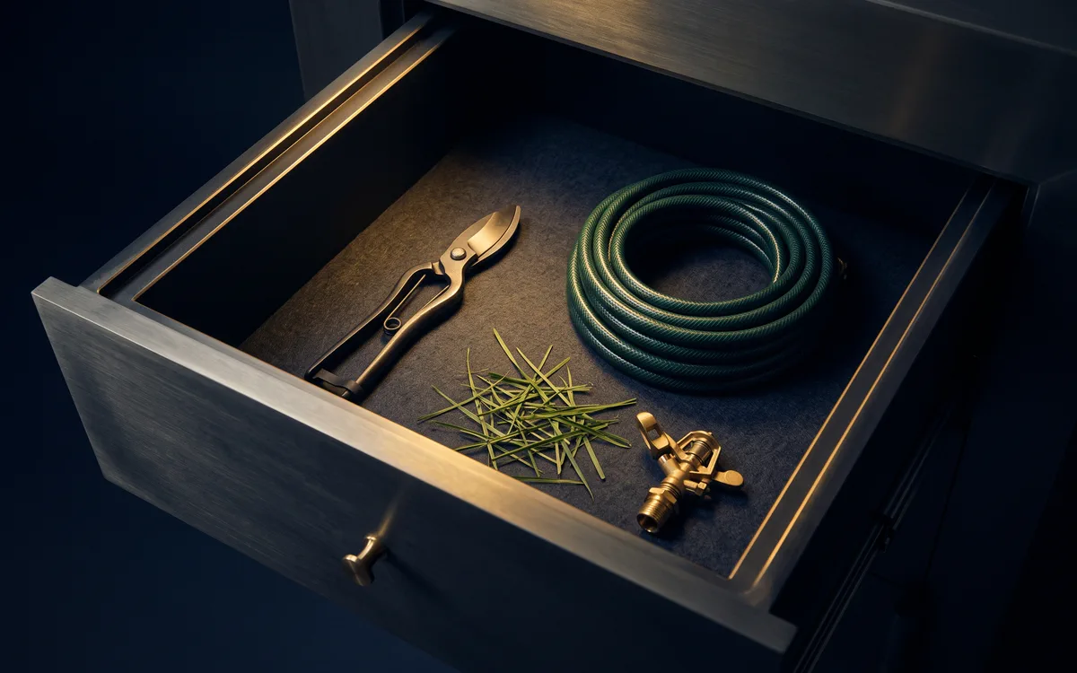 An open vault drawer holding hand shears, a coiled hose, cut grass and a brass sprinkler head.