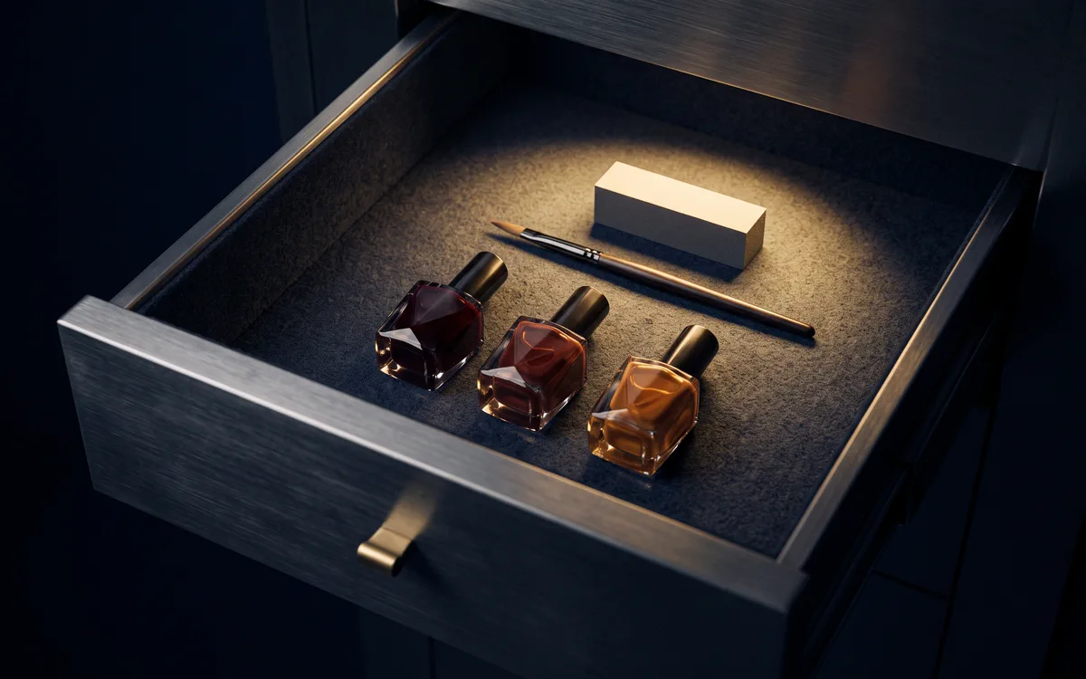 An open vault drawer holding lacquer bottles catching the light, a fine brush and a buffer.