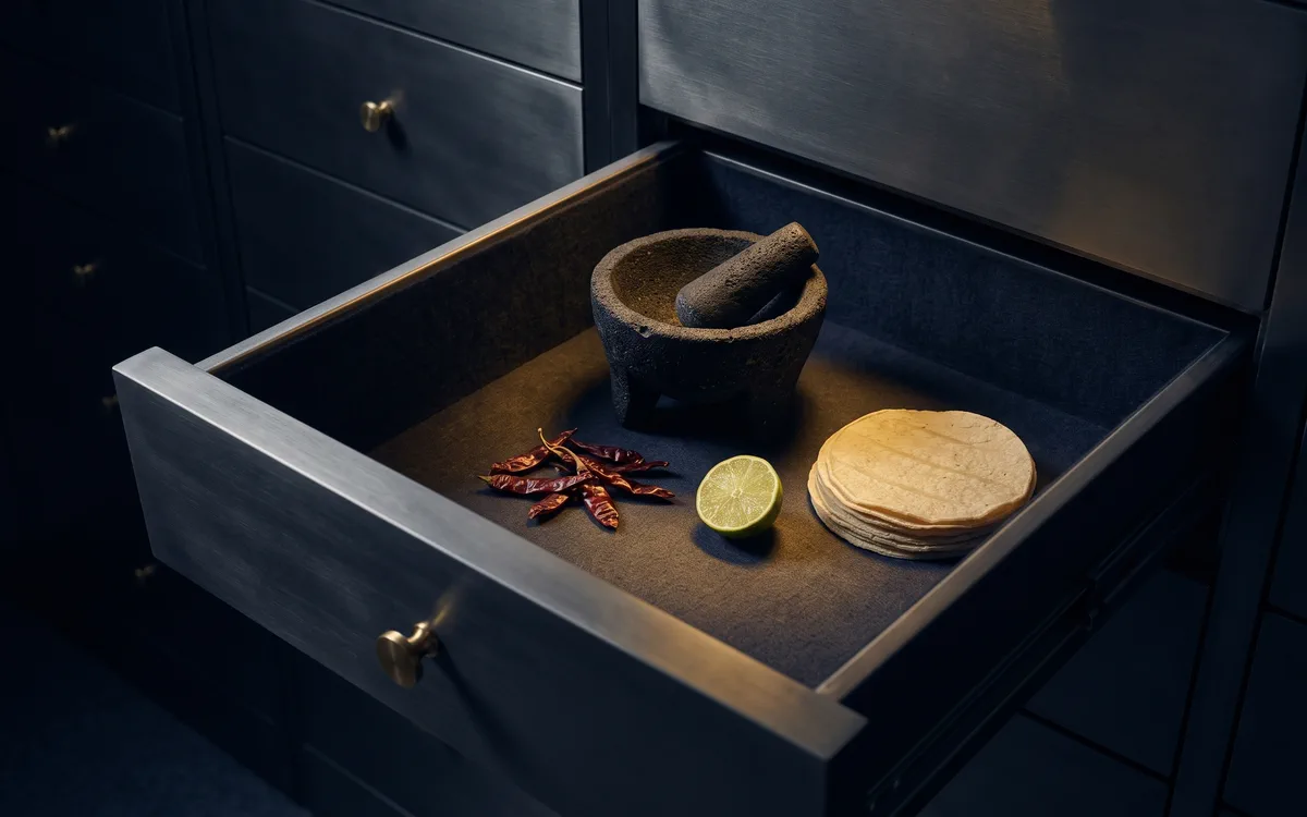 An open vault drawer holding a stone molcajete, dried chillies, a lime half and a stack of corn tortillas.