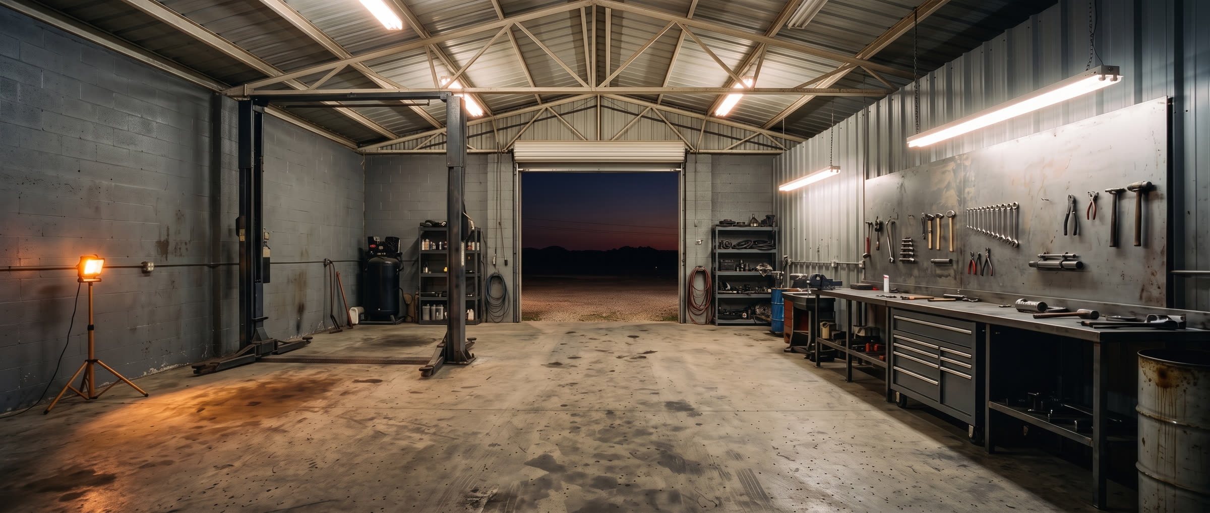 The shop with the lights on: both bays and the two-post lift, the ceiling strips burning warm, the bench and pegboard wall down the right side and a work light standing on the left.
