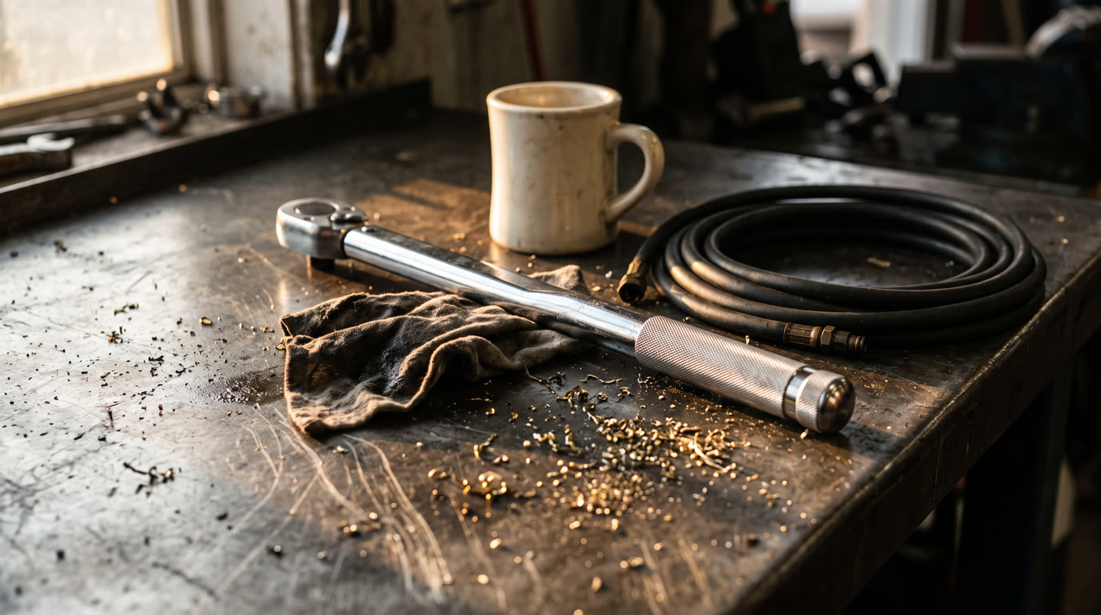 A scarred steel workbench in window light: a torque wrench laid on a grease-blackened rag, a white coffee mug, a coiled air hose and a scatter of brass shavings.