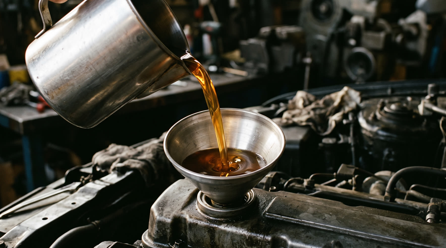 Fresh oil poured from a steel jug into a funnel seated in the filler neck of a warm engine, the valve cover and plug leads either side of it.