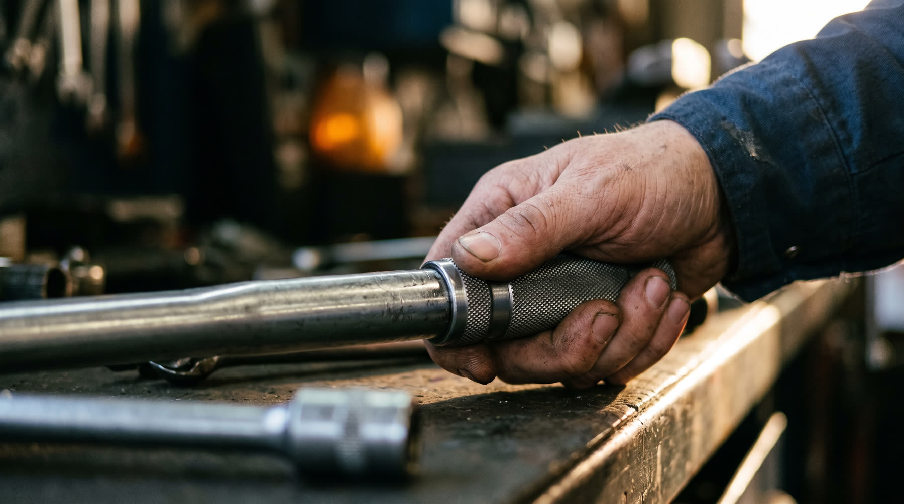A weathered hand closed around the knurled handle of a long click-type torque wrench laid across a scarred steel bench, with a deep impact socket beside it.