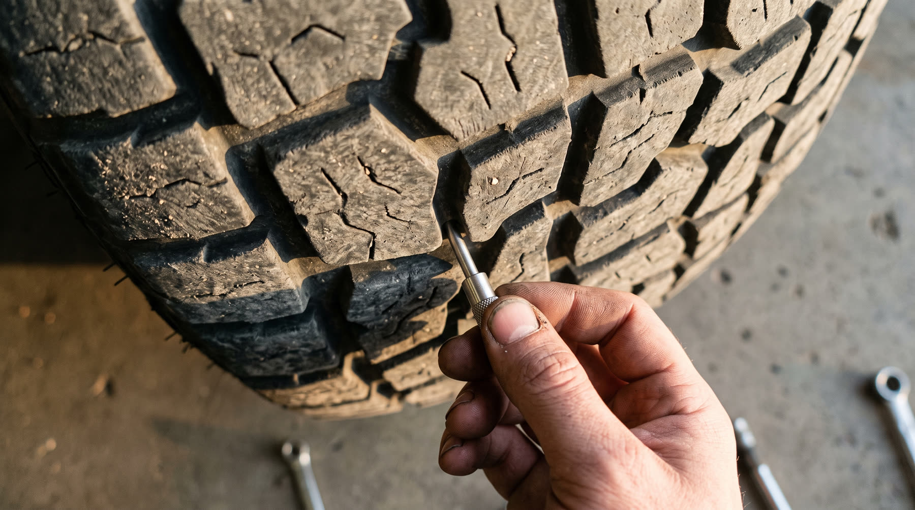 A hand pushing the pin of a tread-depth gauge into a groove of a chunky all-terrain tire, the blocks around it dried and cracking at the edges.