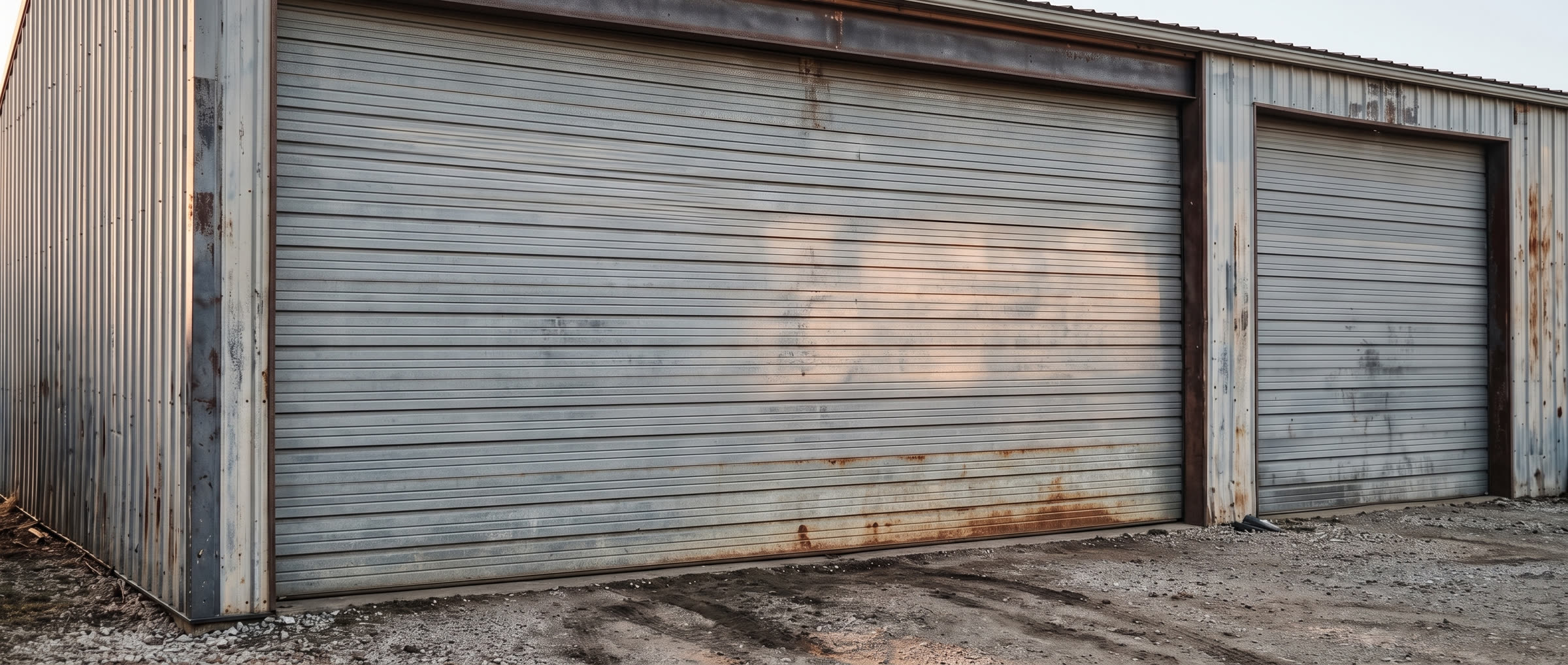The same building from the same spot with the left bay's roll-up door closed.