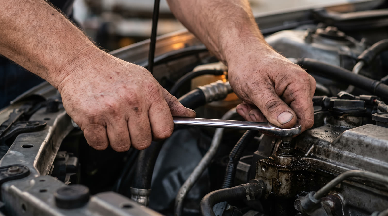 Two weathered hands under an open hood, one steadying a hose while the other pulls a combination wrench on a bolt at the top of the engine.