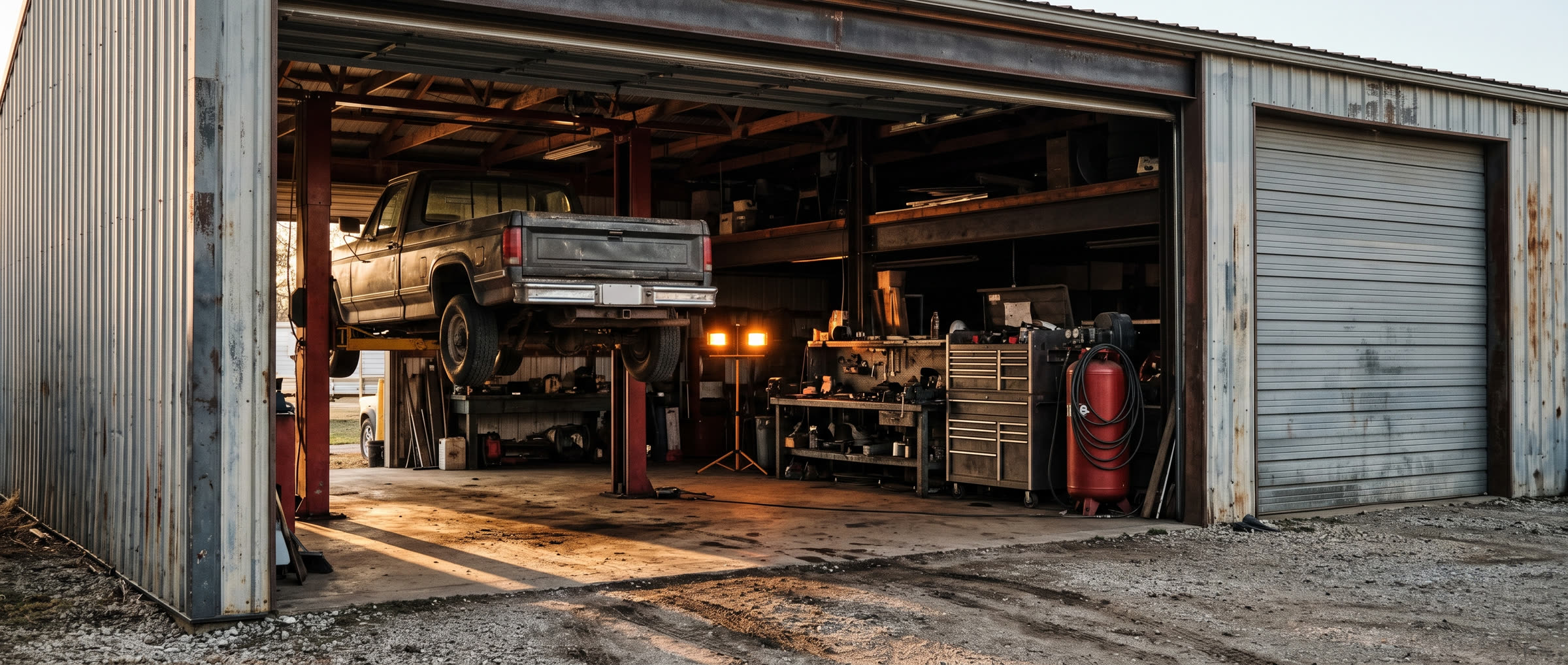 The left bay at Knox Knocks open at golden hour: a pickup truck up on a two-post lift, an amber work light on a stand, a rolling tool chest and an air compressor.