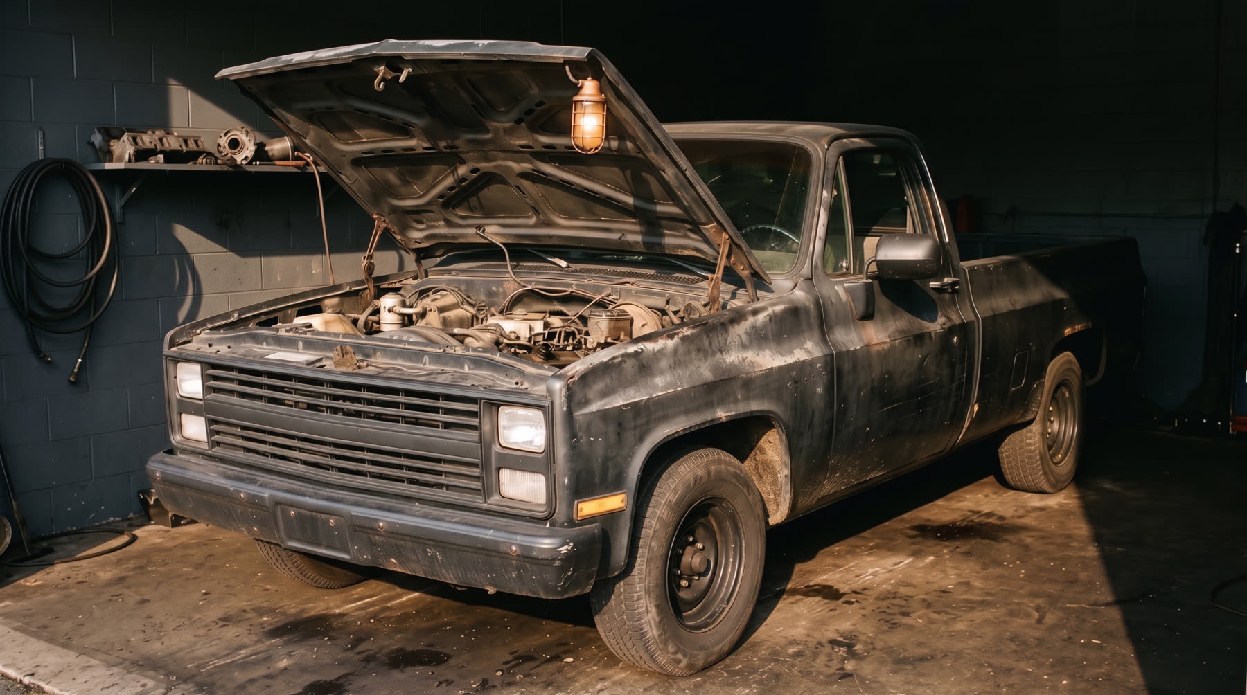 A black pickup in the bay with the hood standing open on its prop rod and the amber work lamp now hanging off it: the engine, the air cleaner and the top of the core support all open to the light.