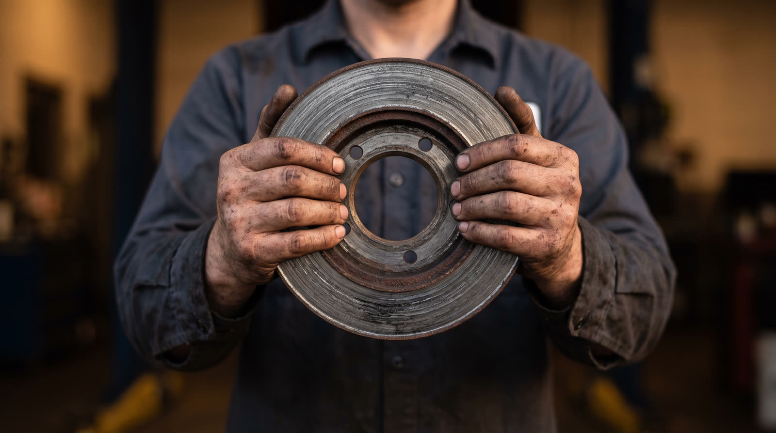 A mechanic in a dark work shirt holding a worn brake rotor up to the camera with both greasy hands, the friction surface scored in rings and rusted at the outer lip.