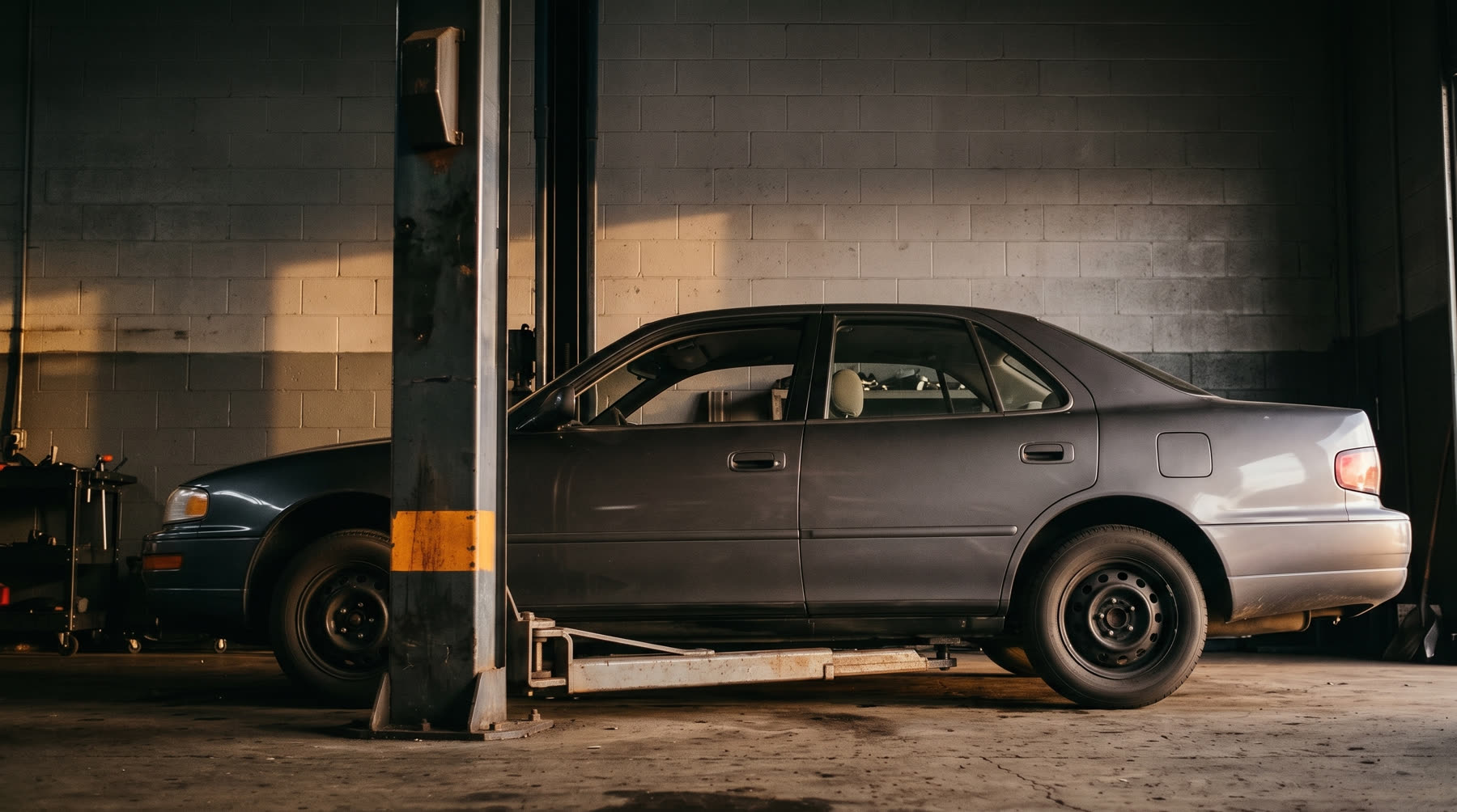 The same car on the same lift with its wheels still on the floor.