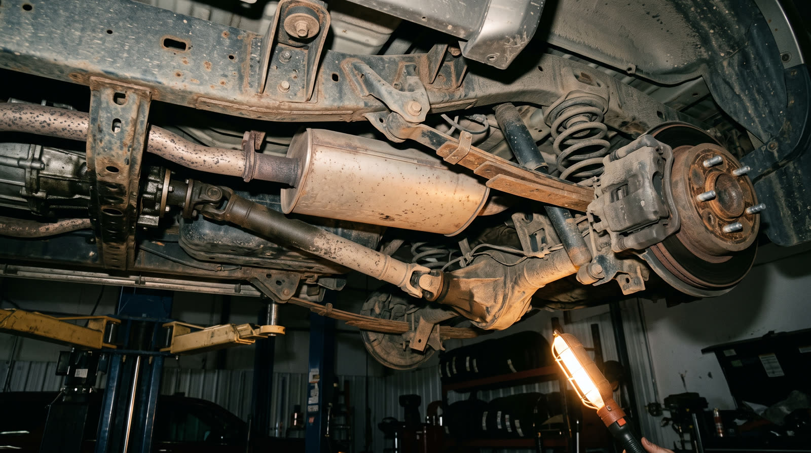 The underside of a pickup on the lift, lit by a hand-held work light: frame rail, driveshaft, muffler and tailpipe, leaf and coil springs, and the brake caliper and rotor at the wheel.