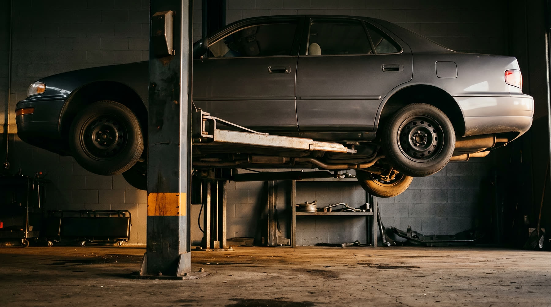 A grey sedan raised on a two-post lift with all four wheels clear of the floor, the lift arms under its sills and the whole underside — exhaust, subframe and suspension — open to view.
