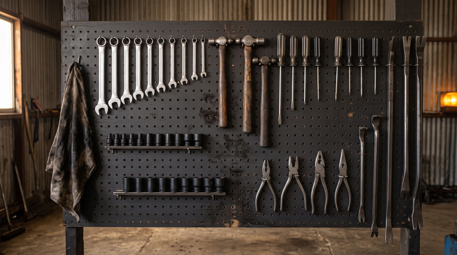 A black pegboard wall in the shop hung with a graduated row of combination wrenches, two ball-pein hammers, screwdrivers, impact sockets on rails, pliers and pry bars, with a grease-stained rag on a hook at one end.