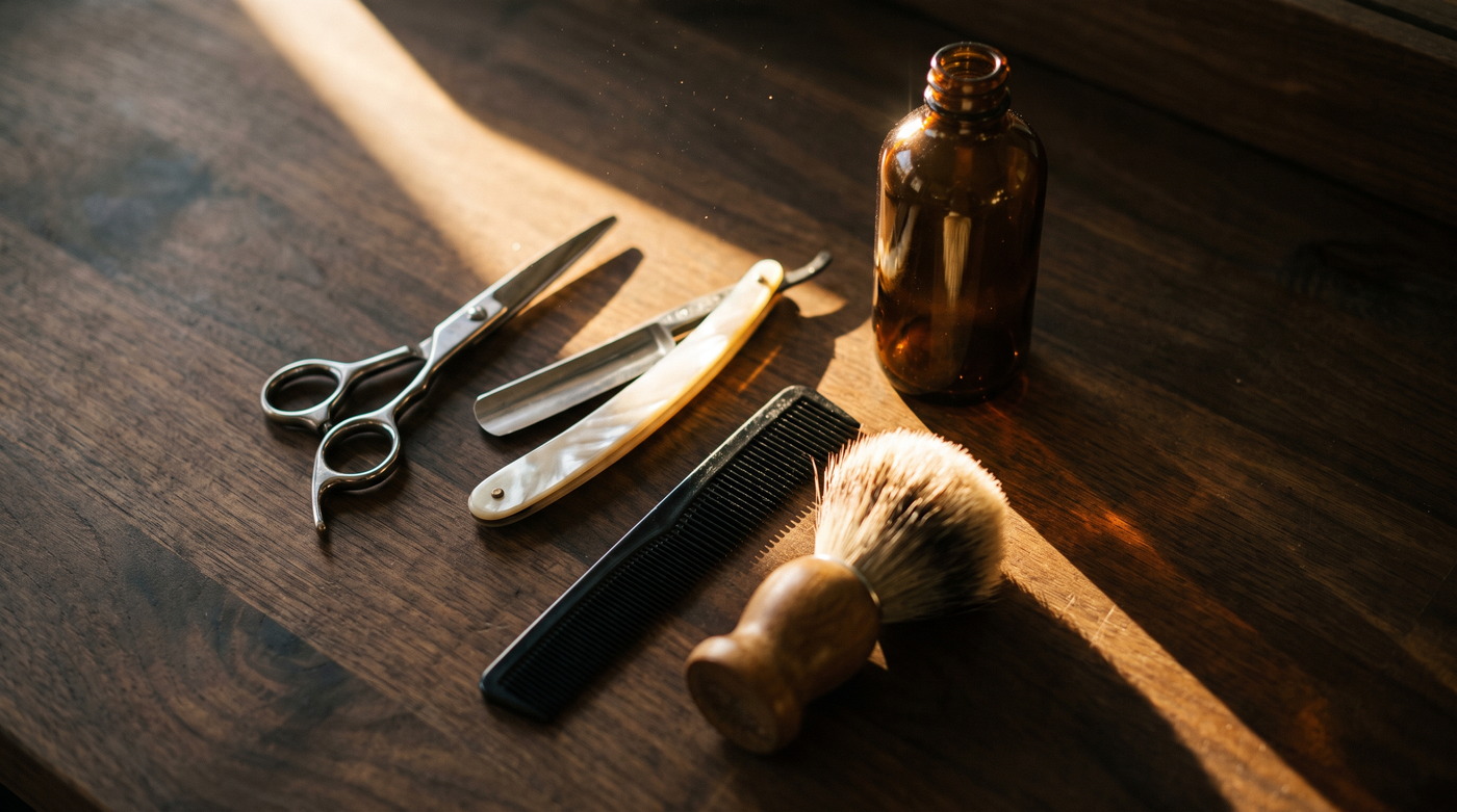 Shears, a straight razor, a comb and a brush laid out on walnut