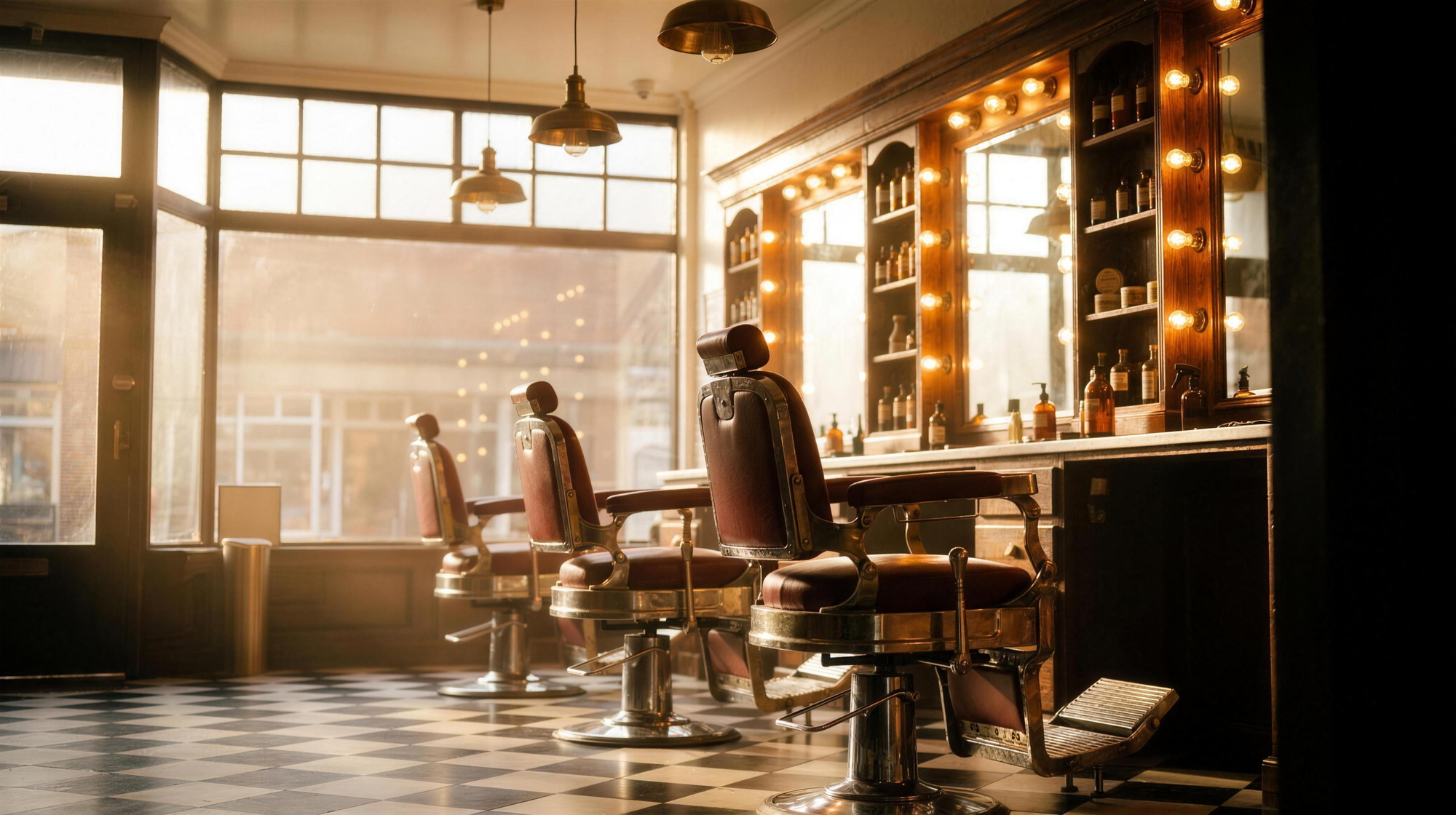 The main room at Knox Chops, three chairs and the backbar in afternoon light