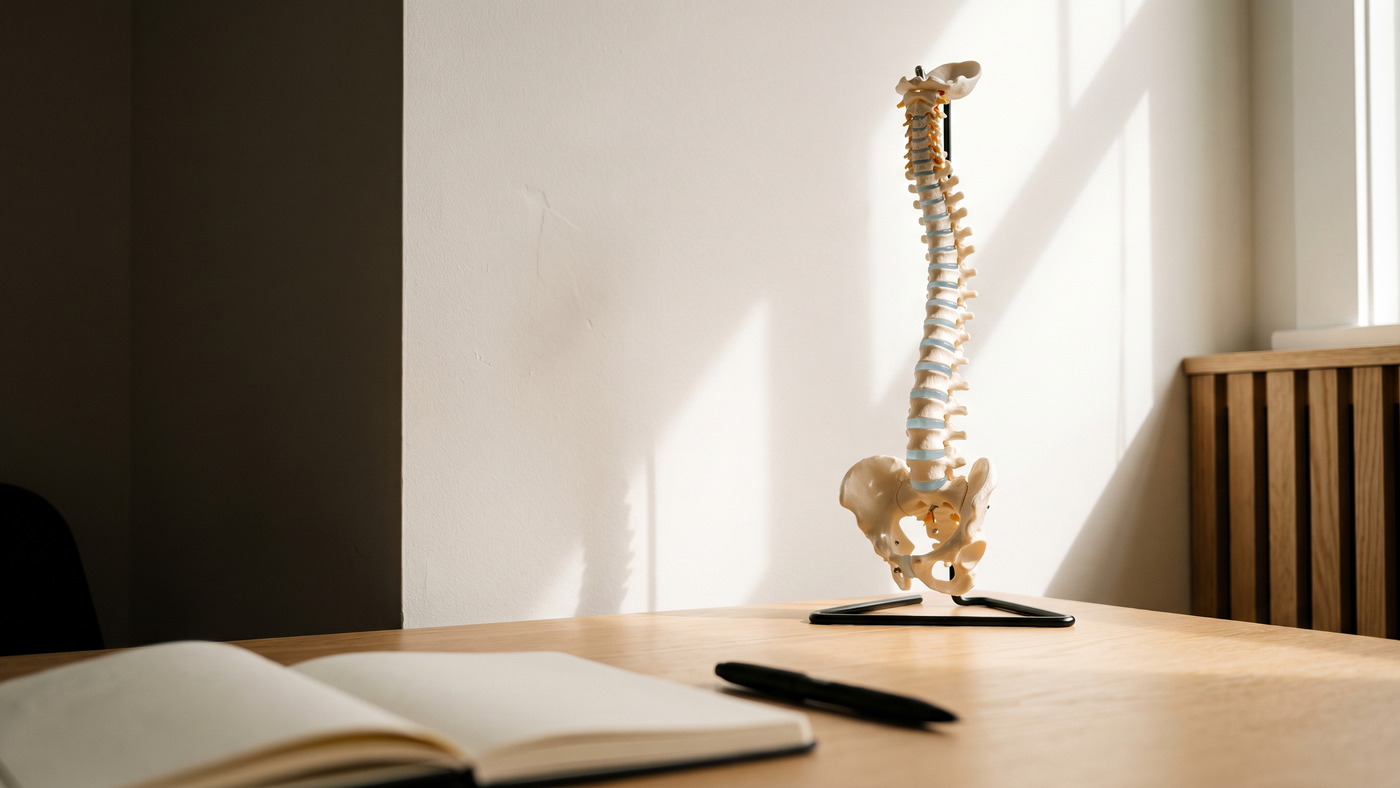 An anatomical spine model on a desk in morning light