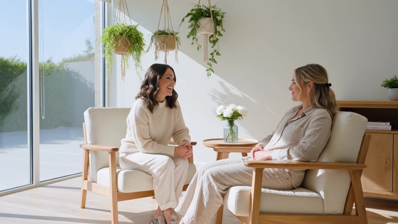 A bright, airy room at Knox Pops: a practitioner and a relaxed patient sitting and talking in armchairs by a window