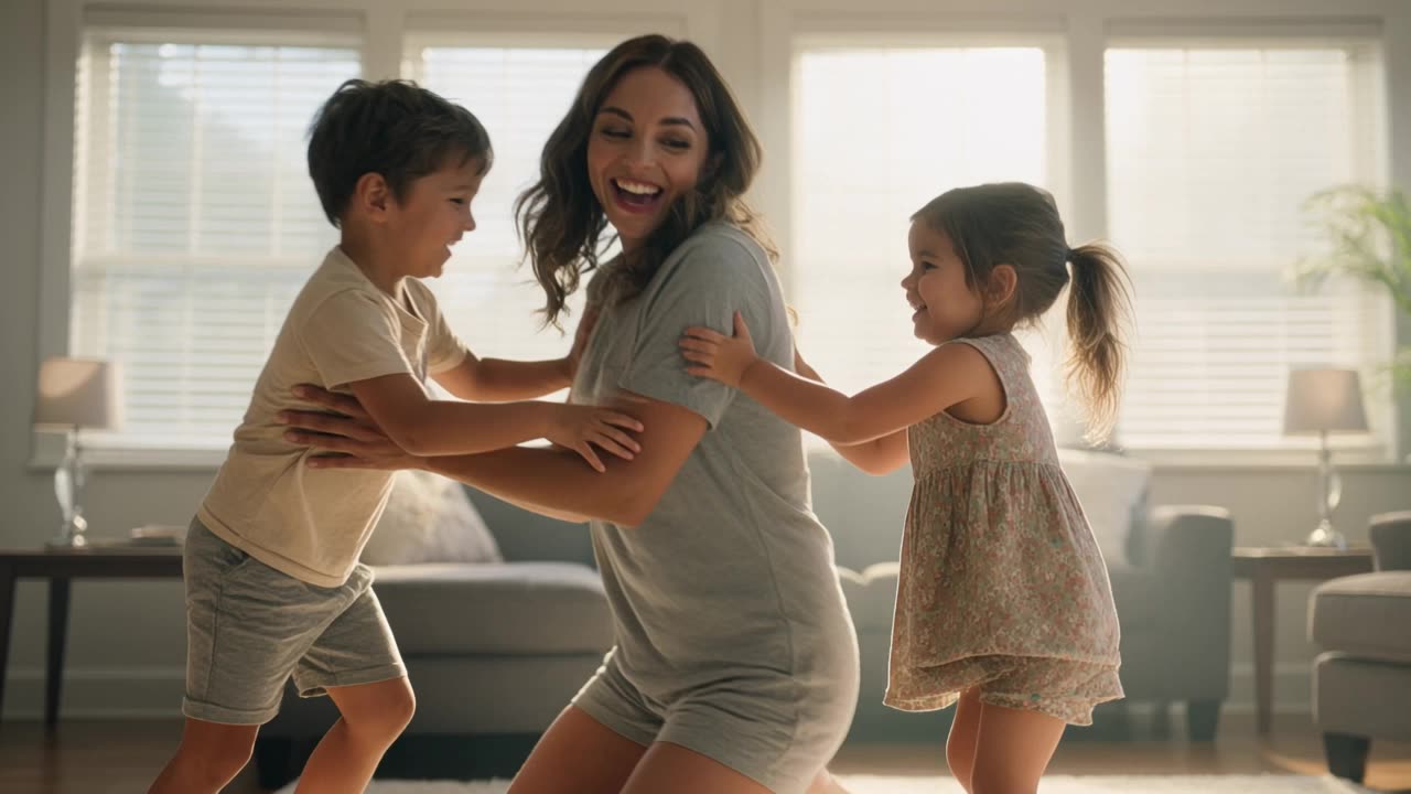 A mother and two children laughing on a rug in a sunlit living room