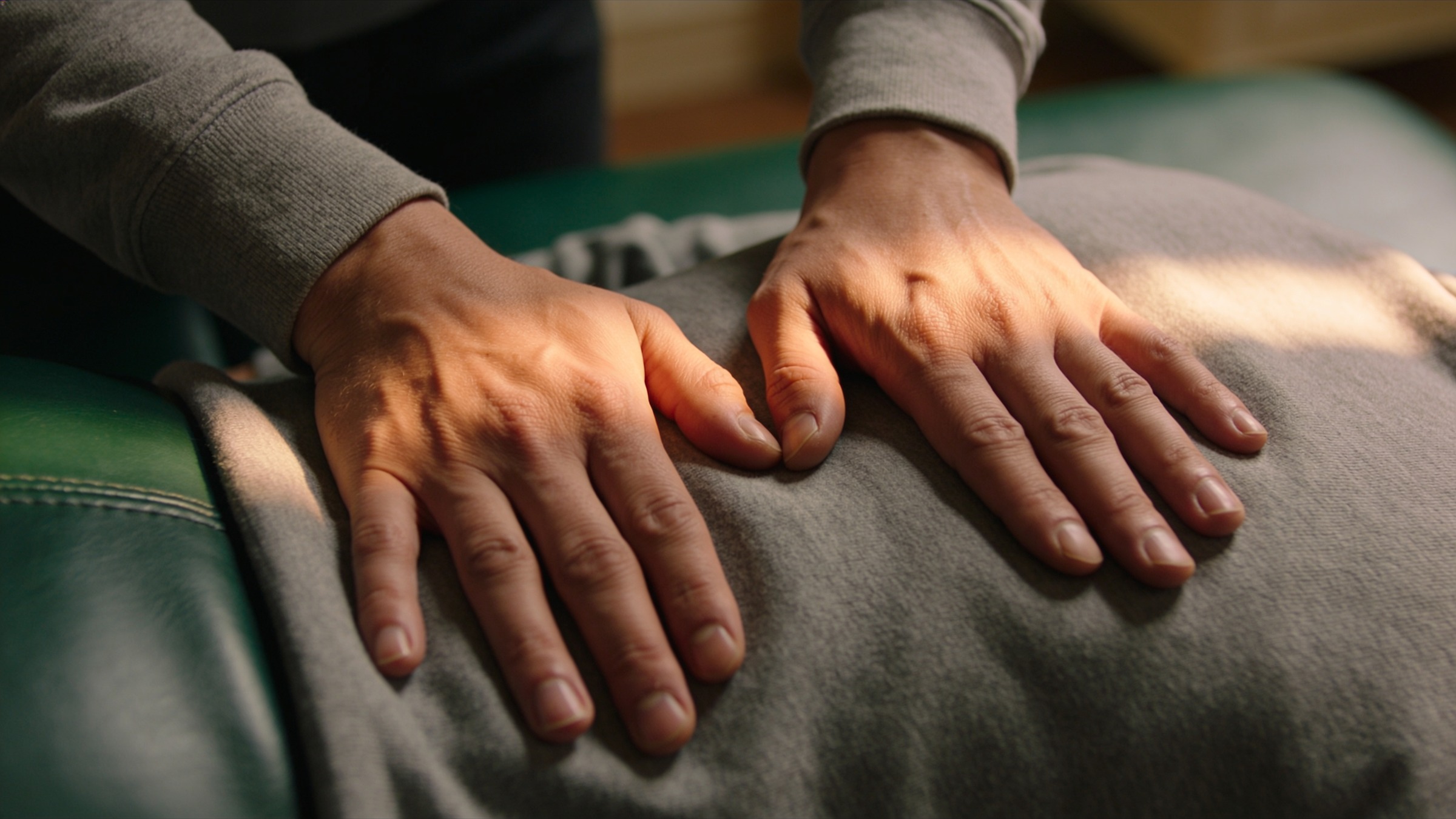 A practitioner's hands resting on a patient's lower back