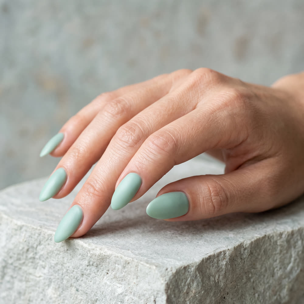 A hand curled over a block of pale stone, nails in a soft jade green