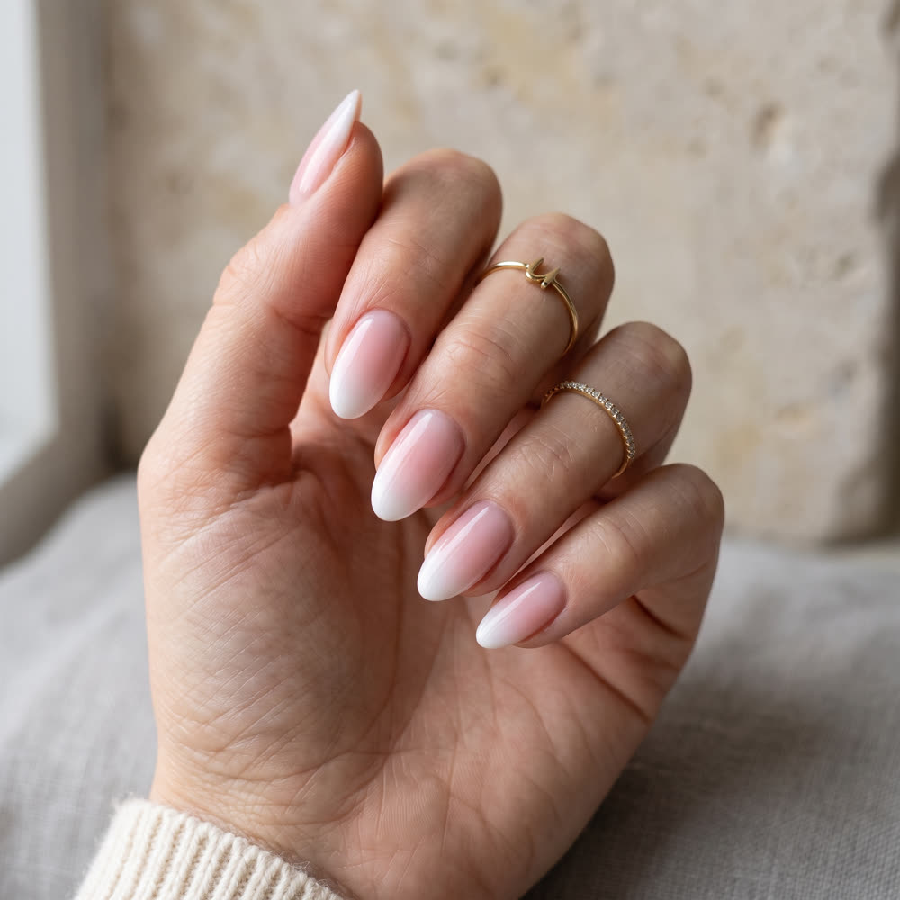 A hand wearing gold rings, nails faded from pink at the base to white at the tip
