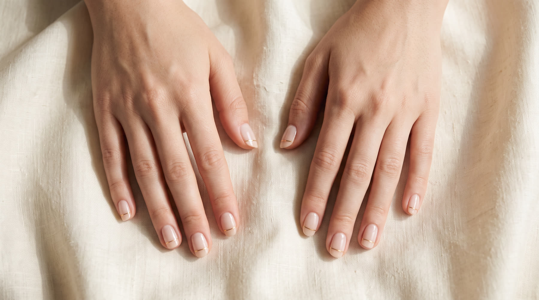 Two hands resting on cream linen after a manicure, nails shaped short and left bare