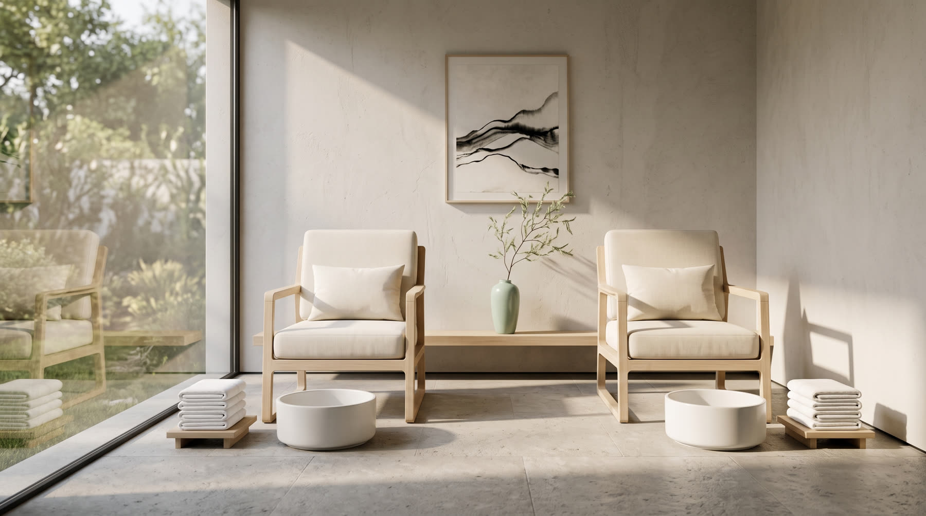 The pedicure room: two pale wood chairs facing a window onto a garden, with folded towels stacked beside them