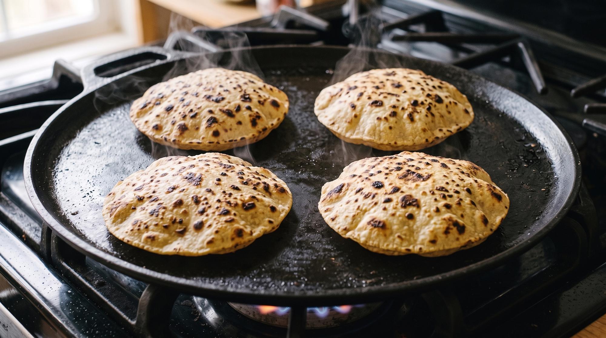 The same three tortillas, puffed and charred in patches.