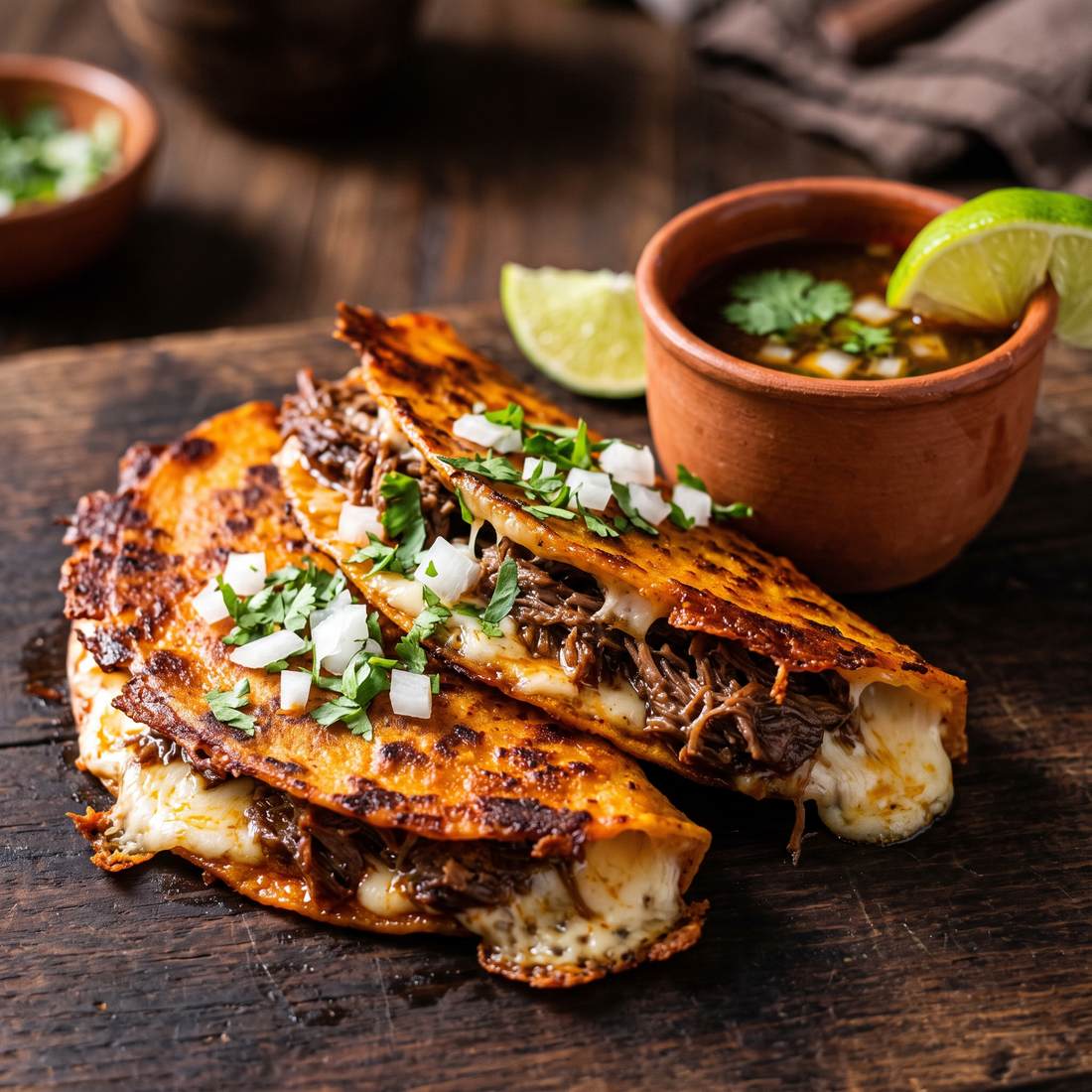 A griddled birria taco beside a cup of dark consomé.