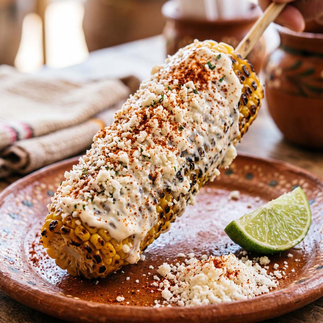 Grilled corn on the cob coated in crema, cotija and chile.