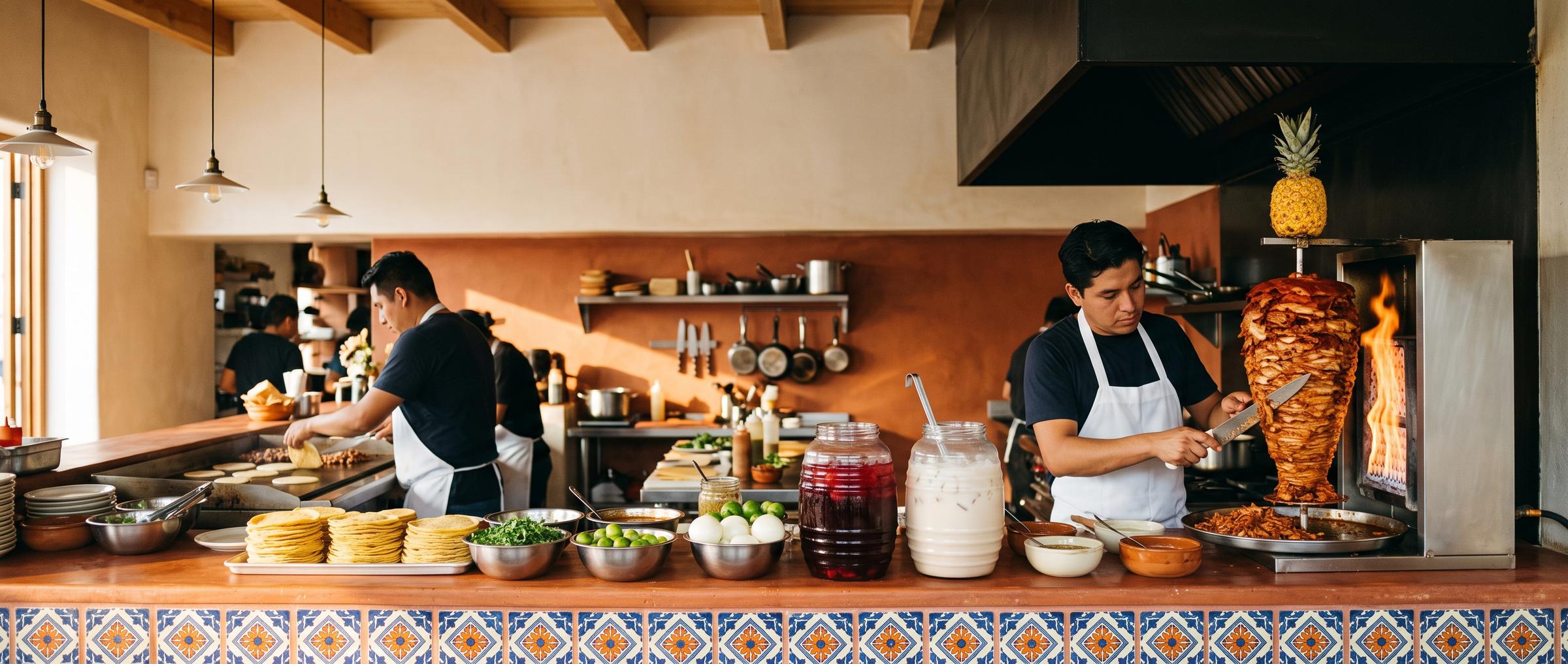 The Knox Guac counter at golden hour, the trompo turning behind it.