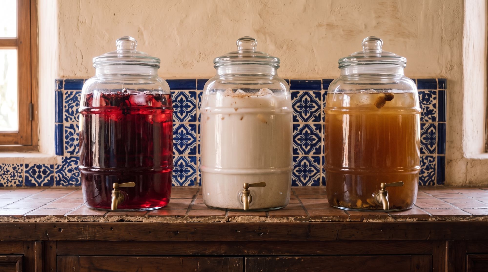 The same three jars full of jamaica, horchata and tamarindo.